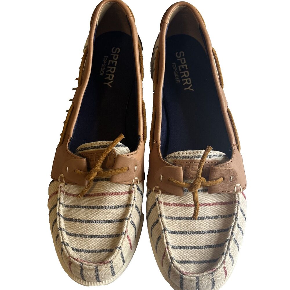 Sperry Topsider Boat Shoes Womens 8M Beige Striped Canvas Leather Nautical Deck